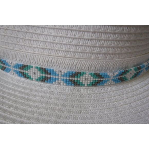 Beaded Hat Band White, Teals, Gray & Silver w/ Leather - Picture 4 of 5